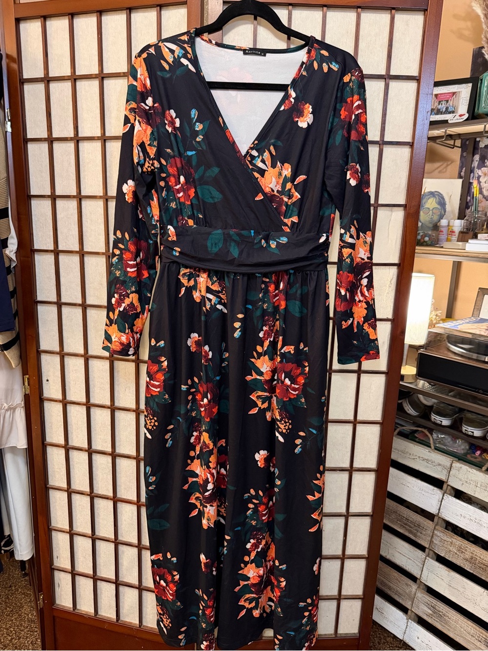 Black Floral Wrap Maxi Dress with Long Sleeves — V-Neck Floral Print